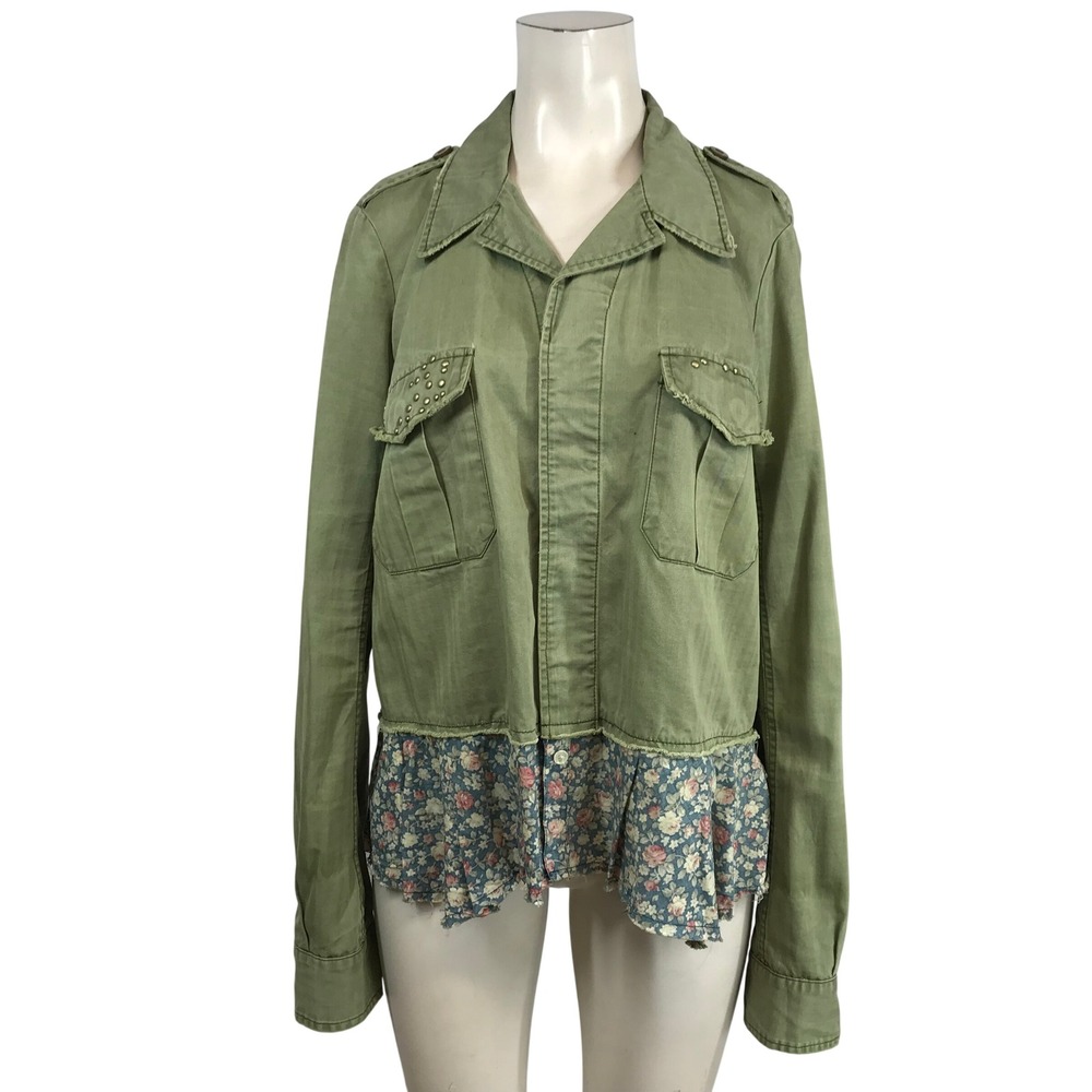 We The Free Military Utility Jacket Olive Green Floral Ruffle Studded